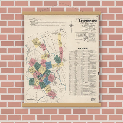 Old map wall art mockup — magnetic wood frame on brick wall — Sanborn Fire Insurance Map from Leominster, Worcester County, Massachusetts (1922), Sheet #0001