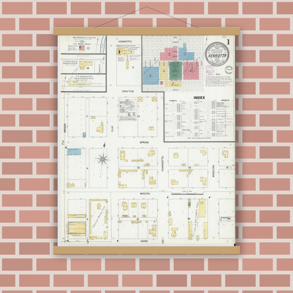 Old map wall art mockup — magnetic wood frame on brick wall — Sanborn Fire Insurance Map from Henrietta, Clay County, Texas (1902), Sheet #0001