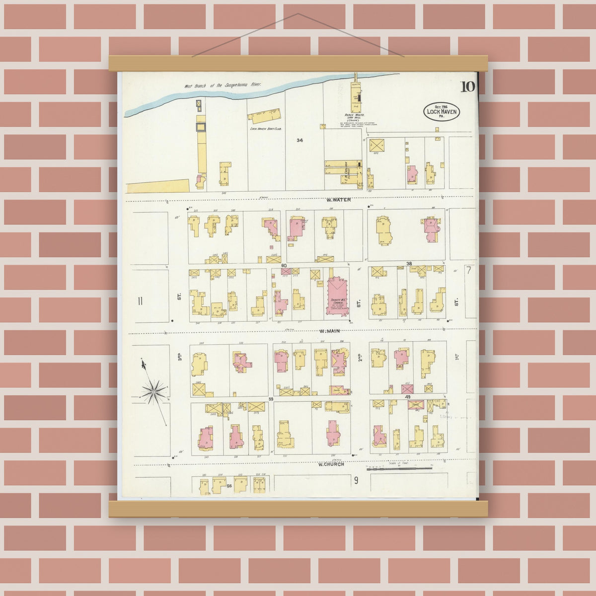 Old map wall art mockup — magnetic wood frame on brick wall — Sanborn Fire Insurance Map from Lock Haven, Clinton County, Pennsylvania (1906), Sheet #0010