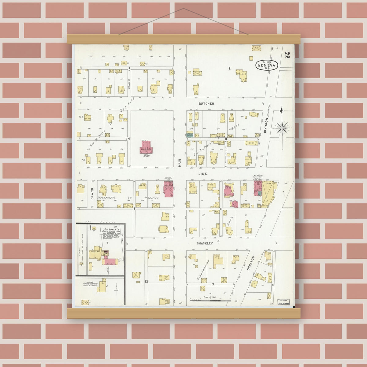 Old map wall art mockup — magnetic wood frame on brick wall — Sanborn Fire Insurance Map from Geneva, Adams County, Indiana (1901), Sheet #0002