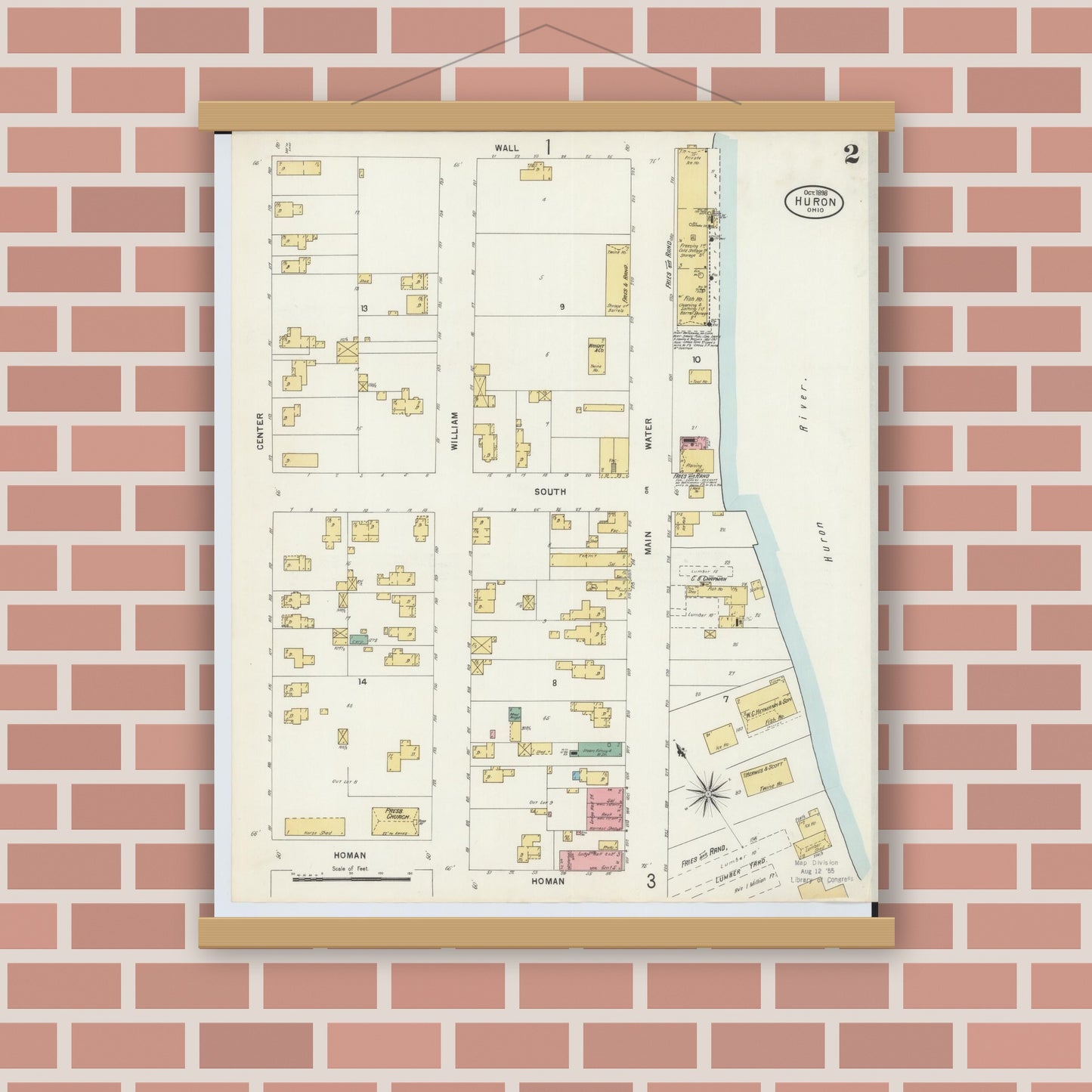 Old map wall art mockup — magnetic wood frame on brick wall — Sanborn Fire Insurance Map from Huron, Erie County, Ohio (1898), Sheet #0002