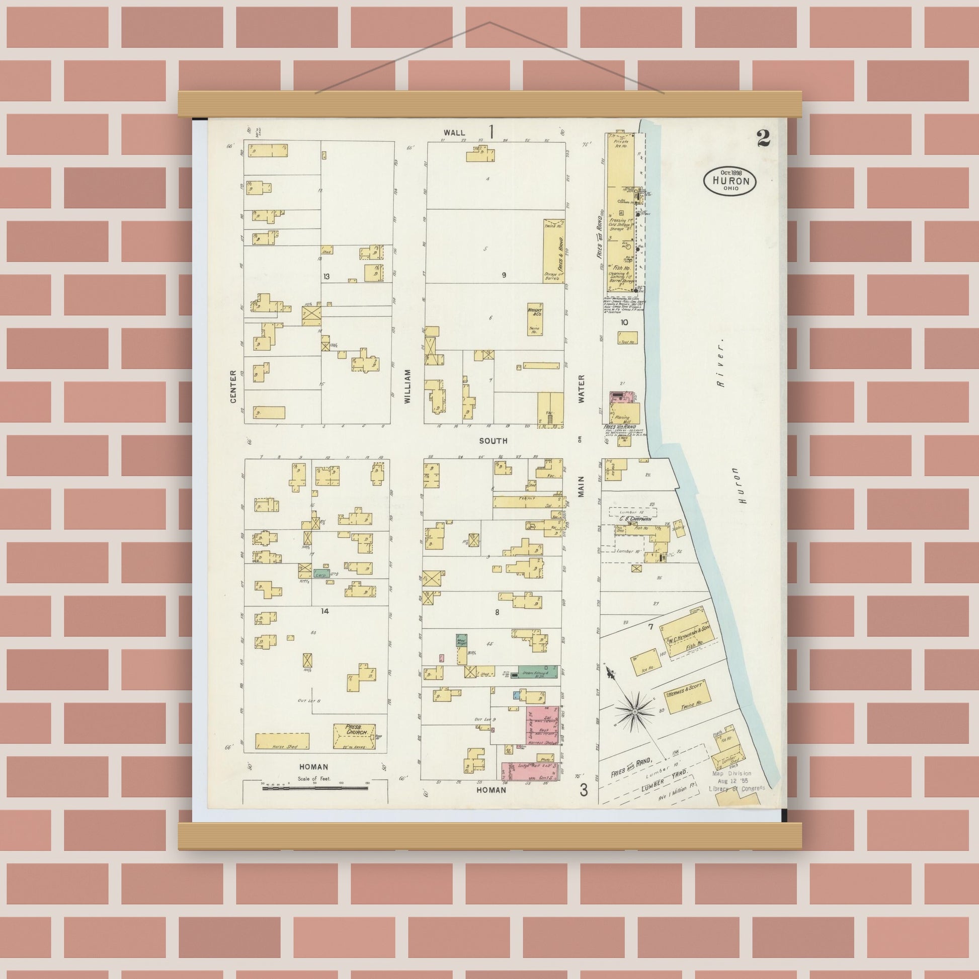 Old map wall art mockup — magnetic wood frame on brick wall — Sanborn Fire Insurance Map from Huron, Erie County, Ohio (1898), Sheet #0002