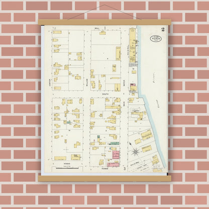 Old map wall art mockup — magnetic wood frame on brick wall — Sanborn Fire Insurance Map from Huron, Erie County, Ohio (1898), Sheet #0002
