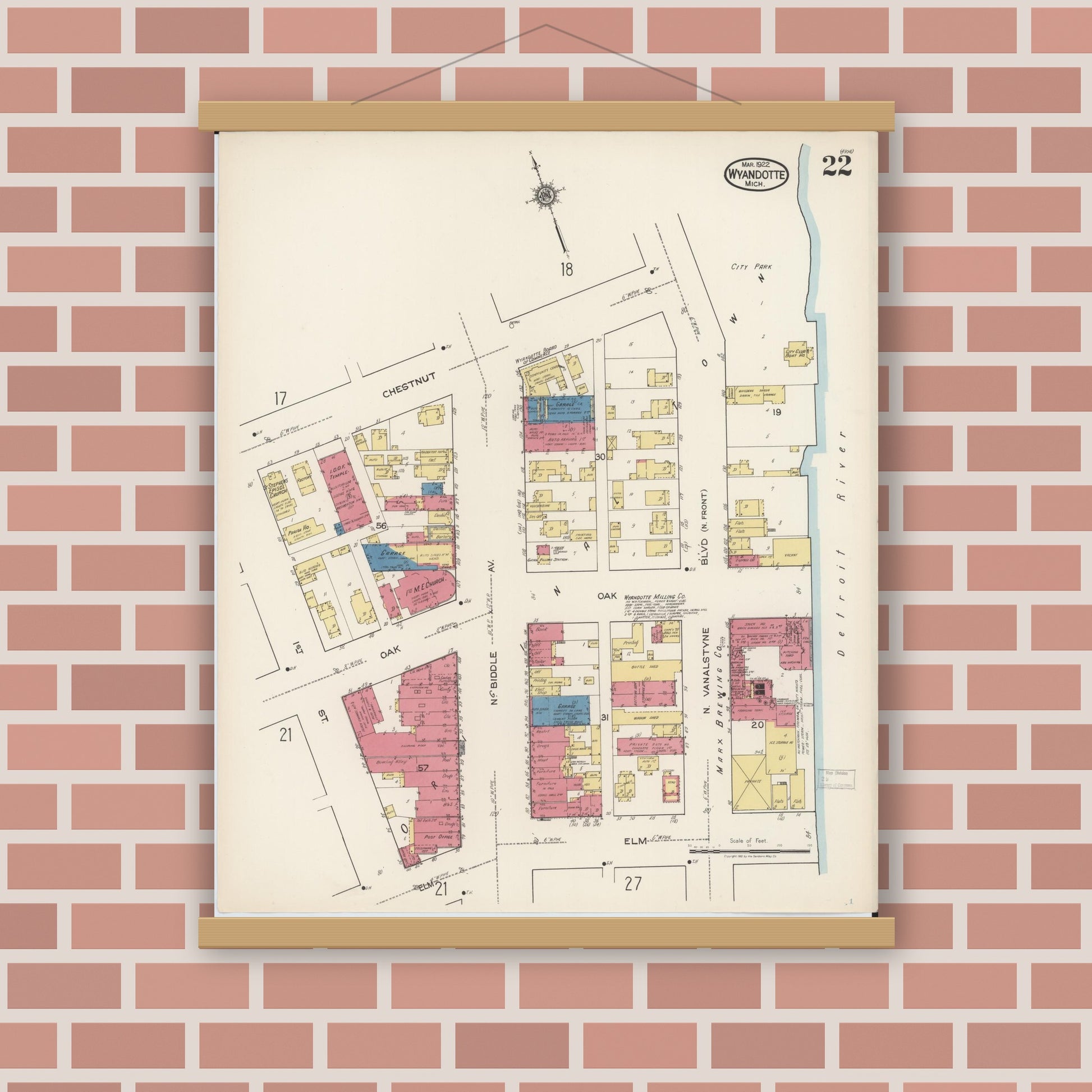 Old map wall art mockup — magnetic wood frame on brick wall — Sanborn Fire Insurance Map from Wyandotte, Wayne County, Michigan (1922), Sheet #0022