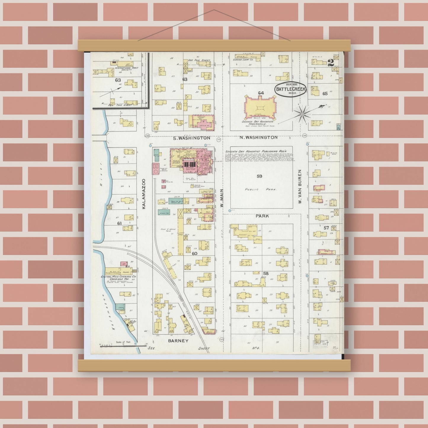 Old map wall art mockup — magnetic wood frame on brick wall — Sanborn Fire Insurance Map from Battle Creek, Calhoun County, Michigan (1892), Sheet #0002