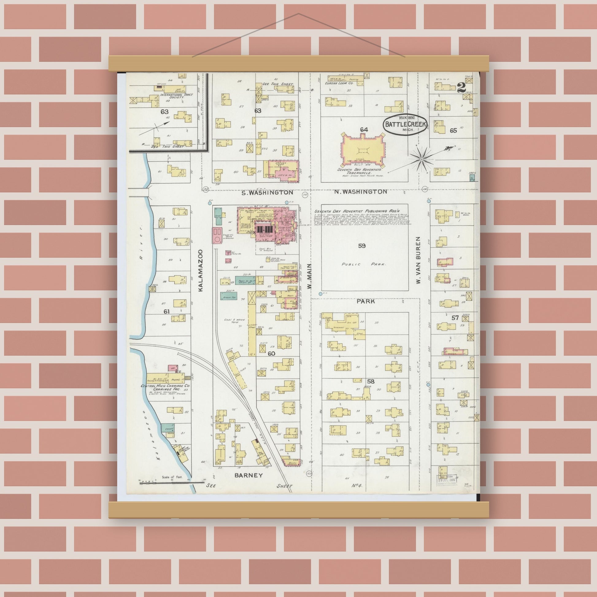 Old map wall art mockup — magnetic wood frame on brick wall — Sanborn Fire Insurance Map from Battle Creek, Calhoun County, Michigan (1892), Sheet #0002