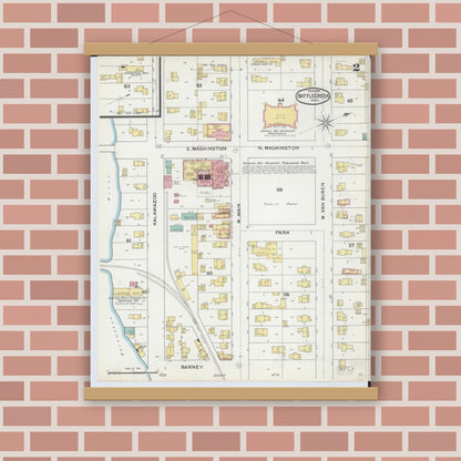 Old map wall art mockup — magnetic wood frame on brick wall — Sanborn Fire Insurance Map from Battle Creek, Calhoun County, Michigan (1892), Sheet #0002