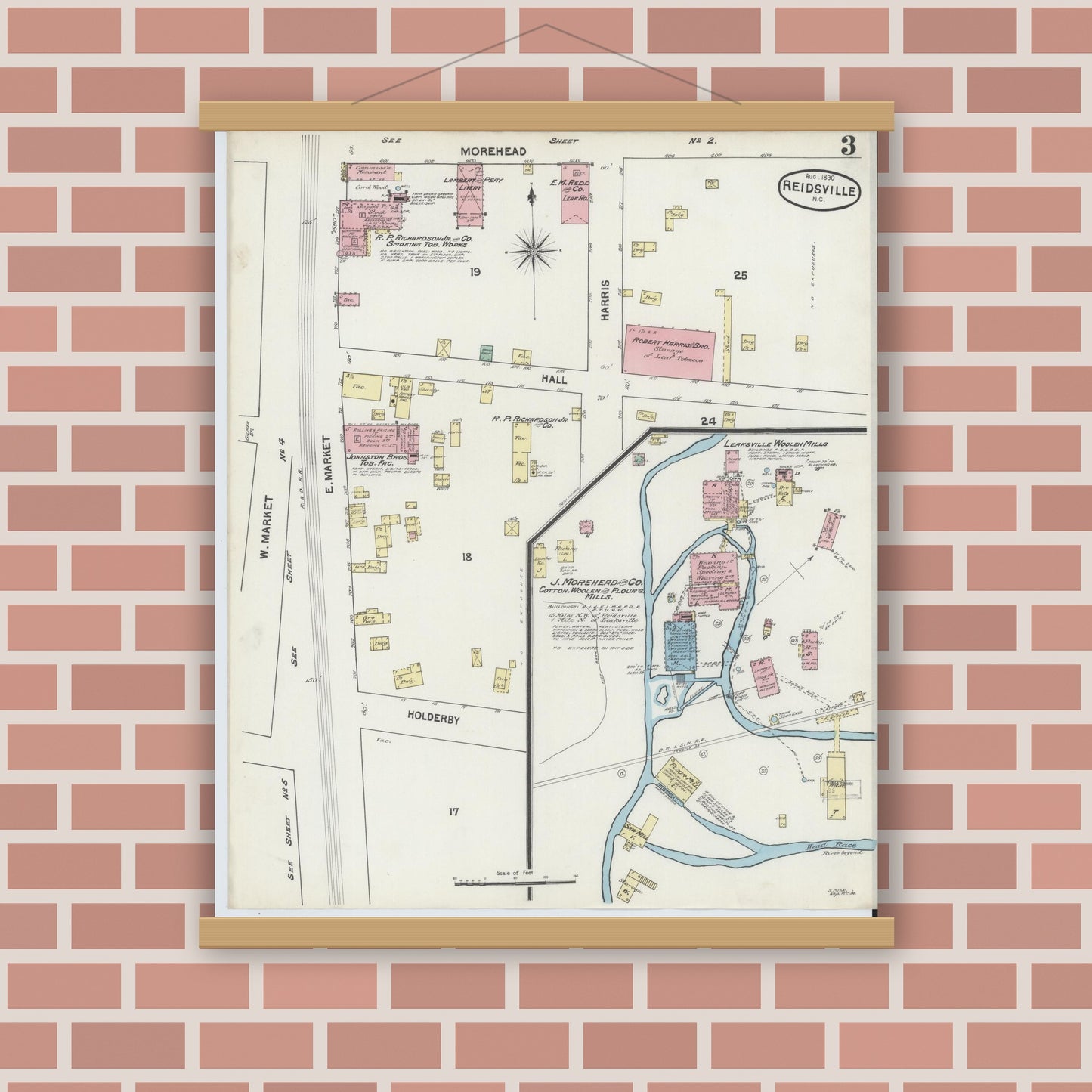 Old map wall art mockup — magnetic wood frame on brick wall — Sanborn Fire Insurance Map from Reidsville, Rockingham County, North Carolina (1890), Sheet #0003