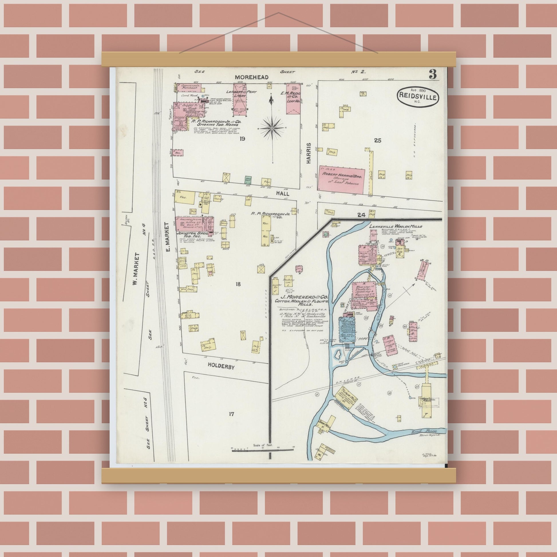 Old map wall art mockup — magnetic wood frame on brick wall — Sanborn Fire Insurance Map from Reidsville, Rockingham County, North Carolina (1890), Sheet #0003