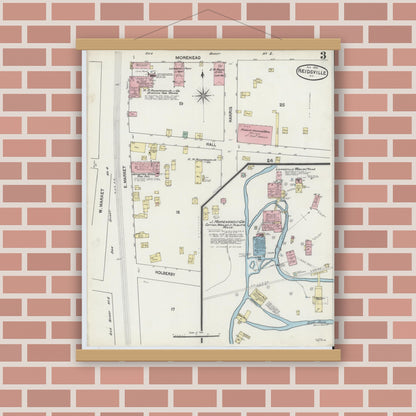 Old map wall art mockup — magnetic wood frame on brick wall — Sanborn Fire Insurance Map from Reidsville, Rockingham County, North Carolina (1890), Sheet #0003