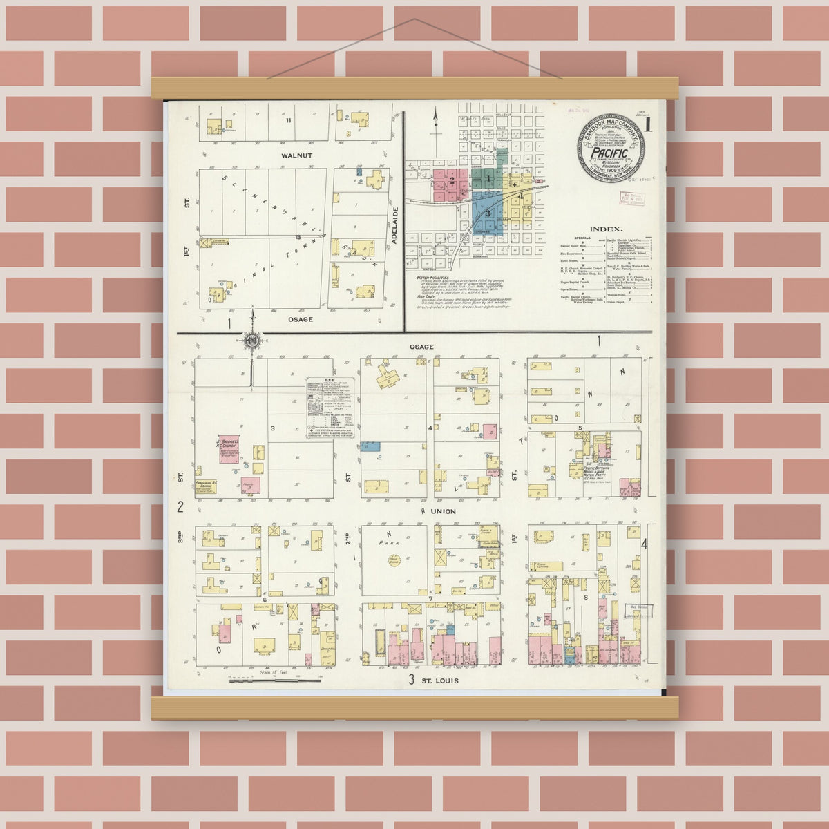 Old map wall art mockup — magnetic wood frame on brick wall — Sanborn Fire Insurance Map from Pacific, Franklin County, Missouri (1909) - Complete Map Set