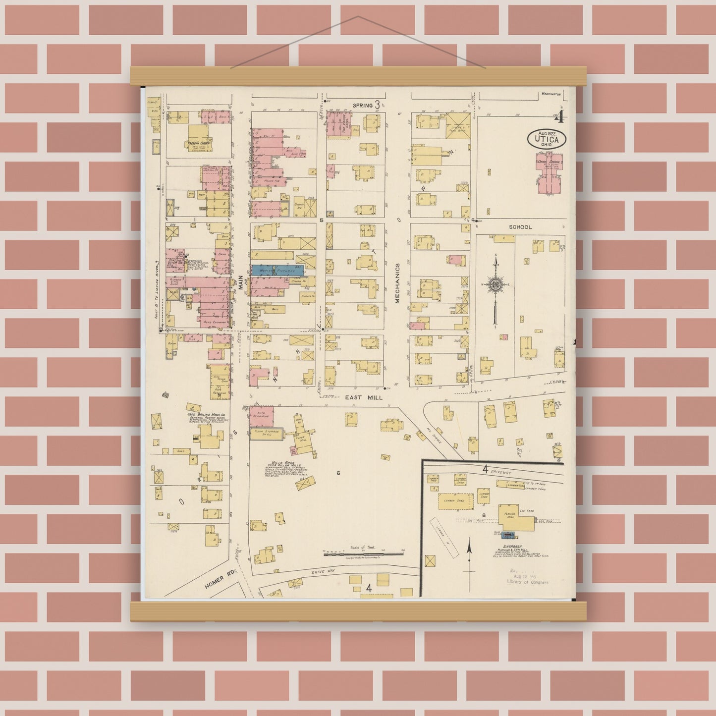 Old map wall art mockup — magnetic wood frame on brick wall — Sanborn Fire Insurance Map from Utica, Licking County, Ohio (1922), Sheet #0004