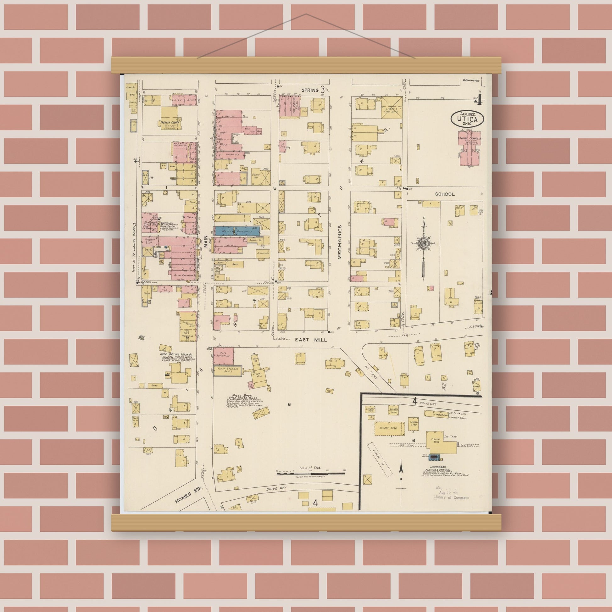 Old map wall art mockup — magnetic wood frame on brick wall — Sanborn Fire Insurance Map from Utica, Licking County, Ohio (1922), Sheet #0004