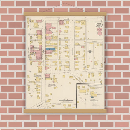 Old map wall art mockup — magnetic wood frame on brick wall — Sanborn Fire Insurance Map from Utica, Licking County, Ohio (1922), Sheet #0004