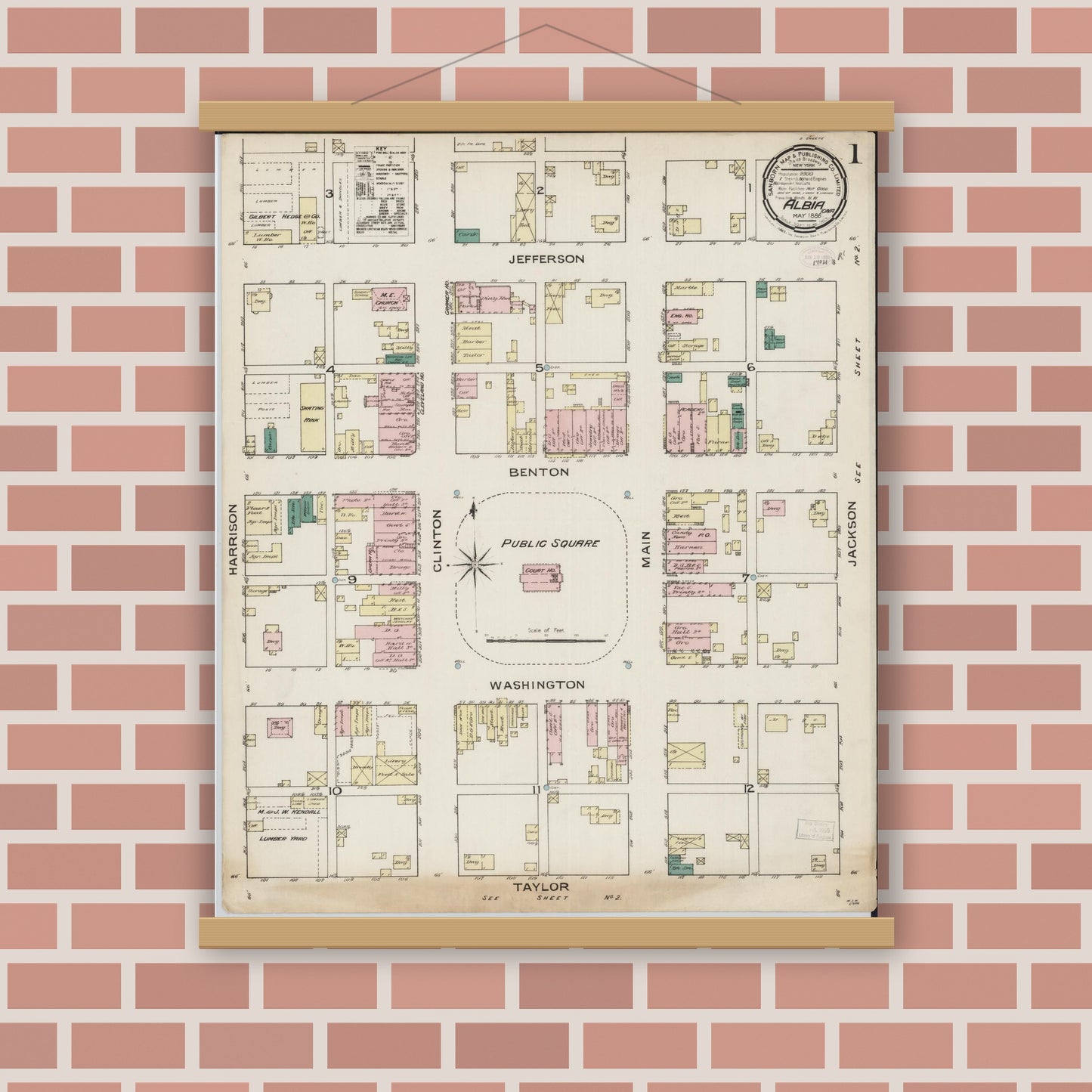 Old map wall art mockup — magnetic wood frame on brick wall — Sanborn Fire Insurance Map from Albia, Monroe County, Iowa (1886), Sheet #0001