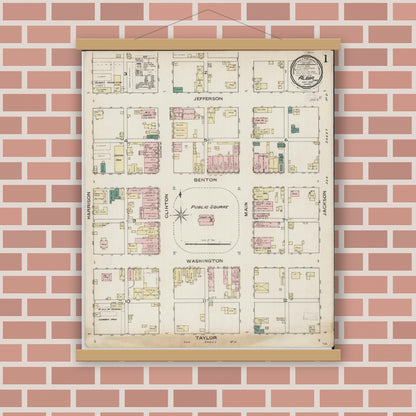 Old map wall art mockup — magnetic wood frame on brick wall — Sanborn Fire Insurance Map from Albia, Monroe County, Iowa (1886), Sheet #0001