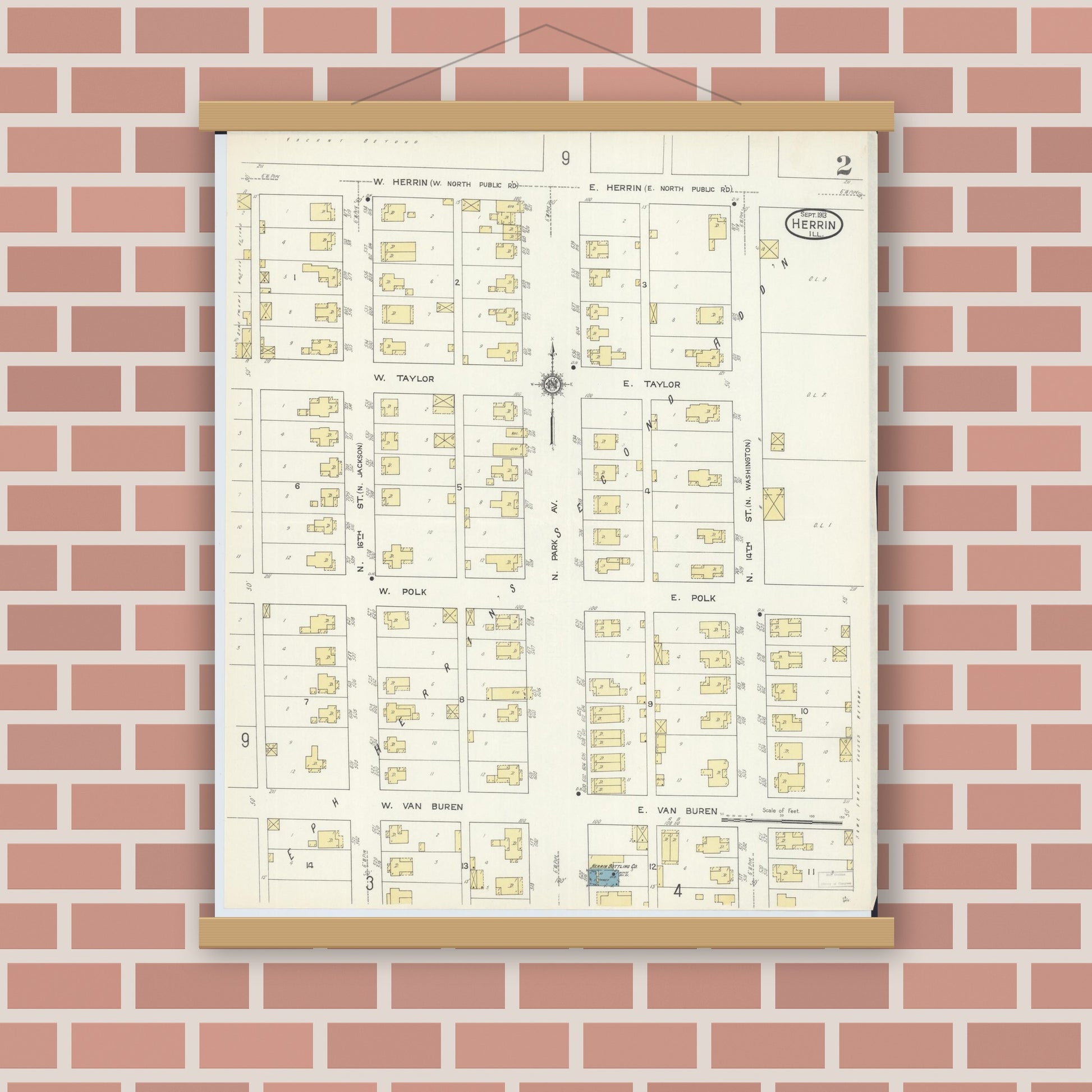 Old map wall art mockup — magnetic wood frame on brick wall — Sanborn Fire Insurance Map from Herrin, Williamson County, Illinois (1913), Sheet #0002