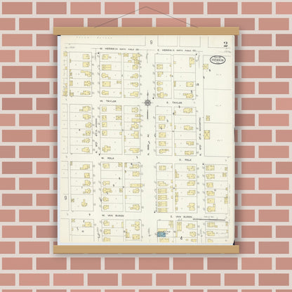 Old map wall art mockup — magnetic wood frame on brick wall — Sanborn Fire Insurance Map from Herrin, Williamson County, Illinois (1913), Sheet #0002