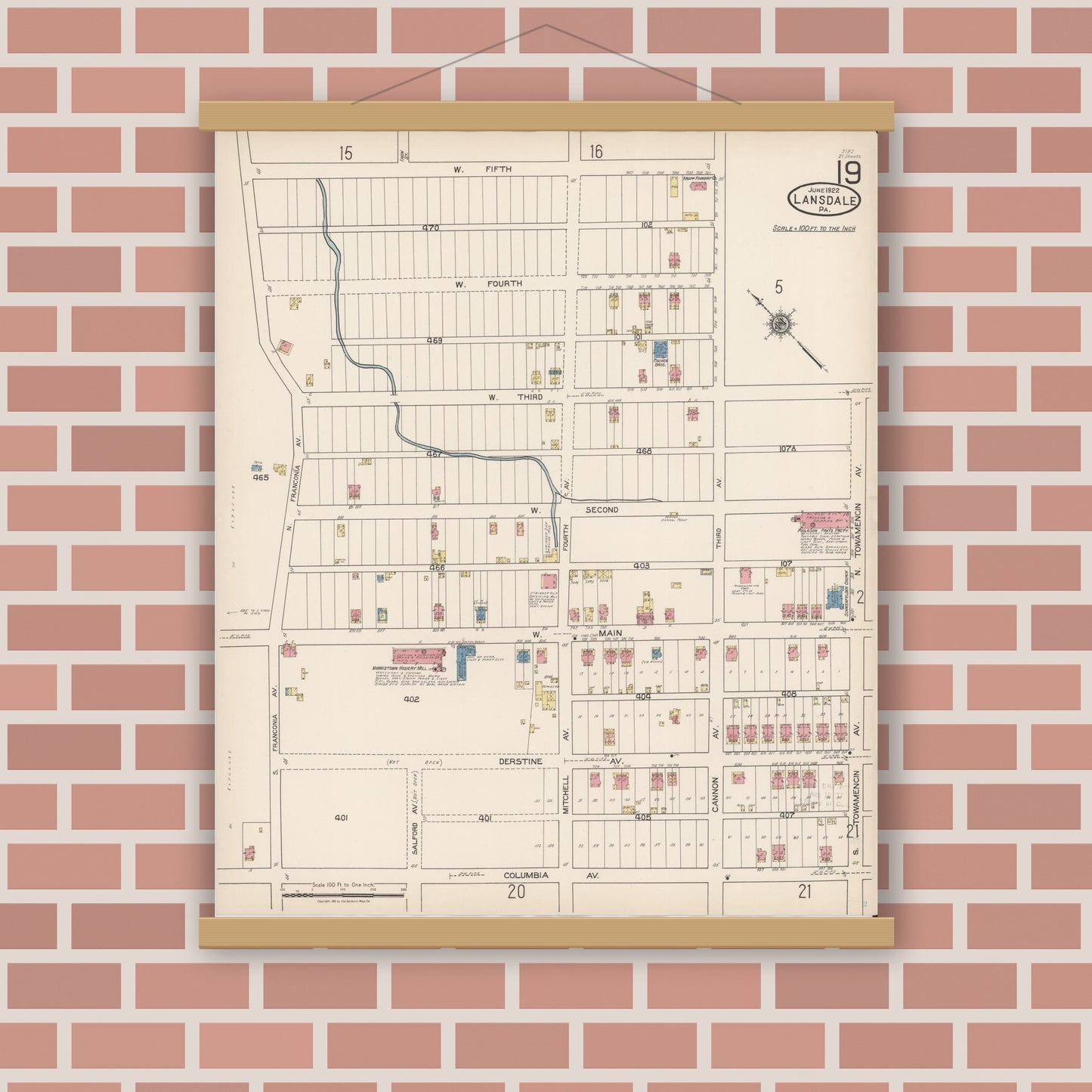 Old map wall art mockup — magnetic wood frame on brick wall — Sanborn Fire Insurance Map from Lansdale, Montgomery County, Pennsylvania (1922), Sheet #0019