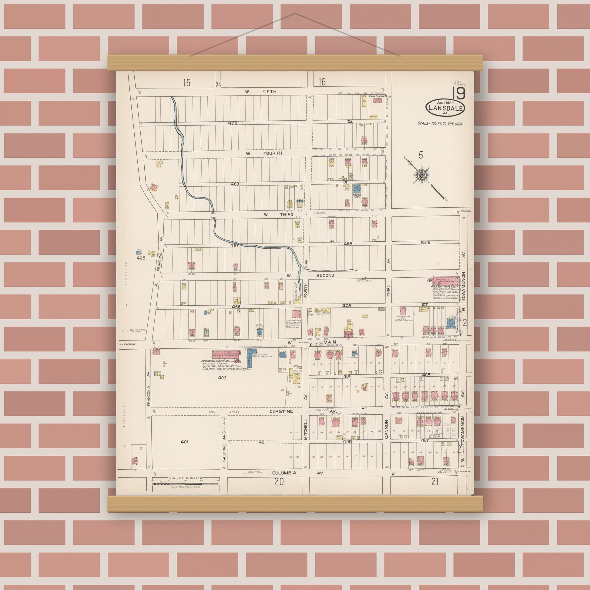 Old map wall art mockup — magnetic wood frame on brick wall — Sanborn Fire Insurance Map from Lansdale, Montgomery County, Pennsylvania (1922), Sheet #0019