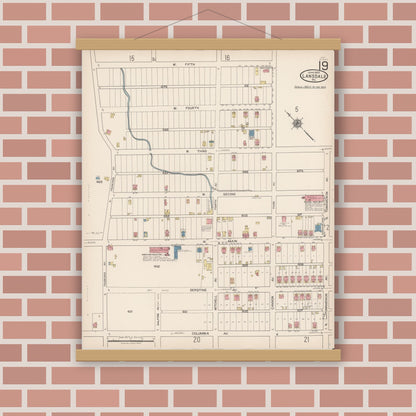 Old map wall art mockup — magnetic wood frame on brick wall — Sanborn Fire Insurance Map from Lansdale, Montgomery County, Pennsylvania (1922), Sheet #0019