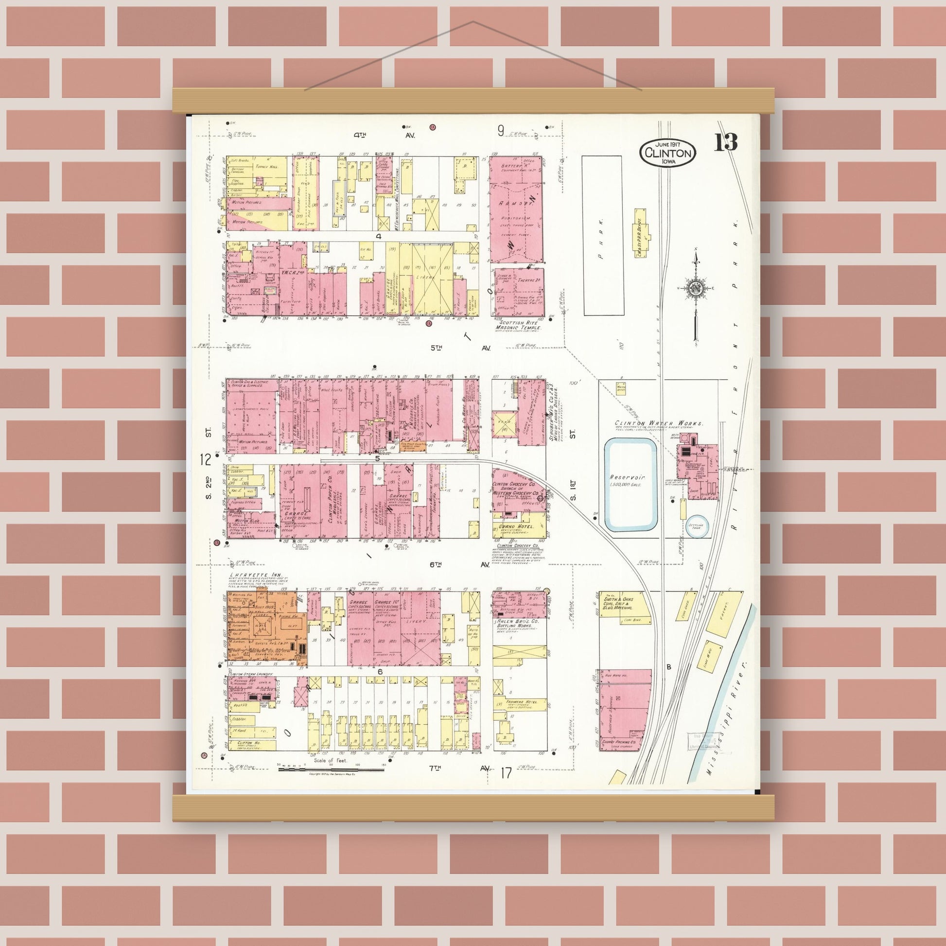 Old map wall art mockup — magnetic wood frame on brick wall — Sanborn Fire Insurance Map from Clinton, Clinton County, Iowa (1917), Sheet #0013