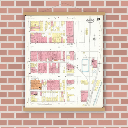 Old map wall art mockup — magnetic wood frame on brick wall — Sanborn Fire Insurance Map from Clinton, Clinton County, Iowa (1917), Sheet #0013
