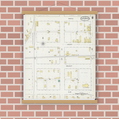 Old map wall art mockup — magnetic wood frame on brick wall — Sanborn Fire Insurance Map from Chatsworth, Livingston County, Illinois (1893), Sheet #0002