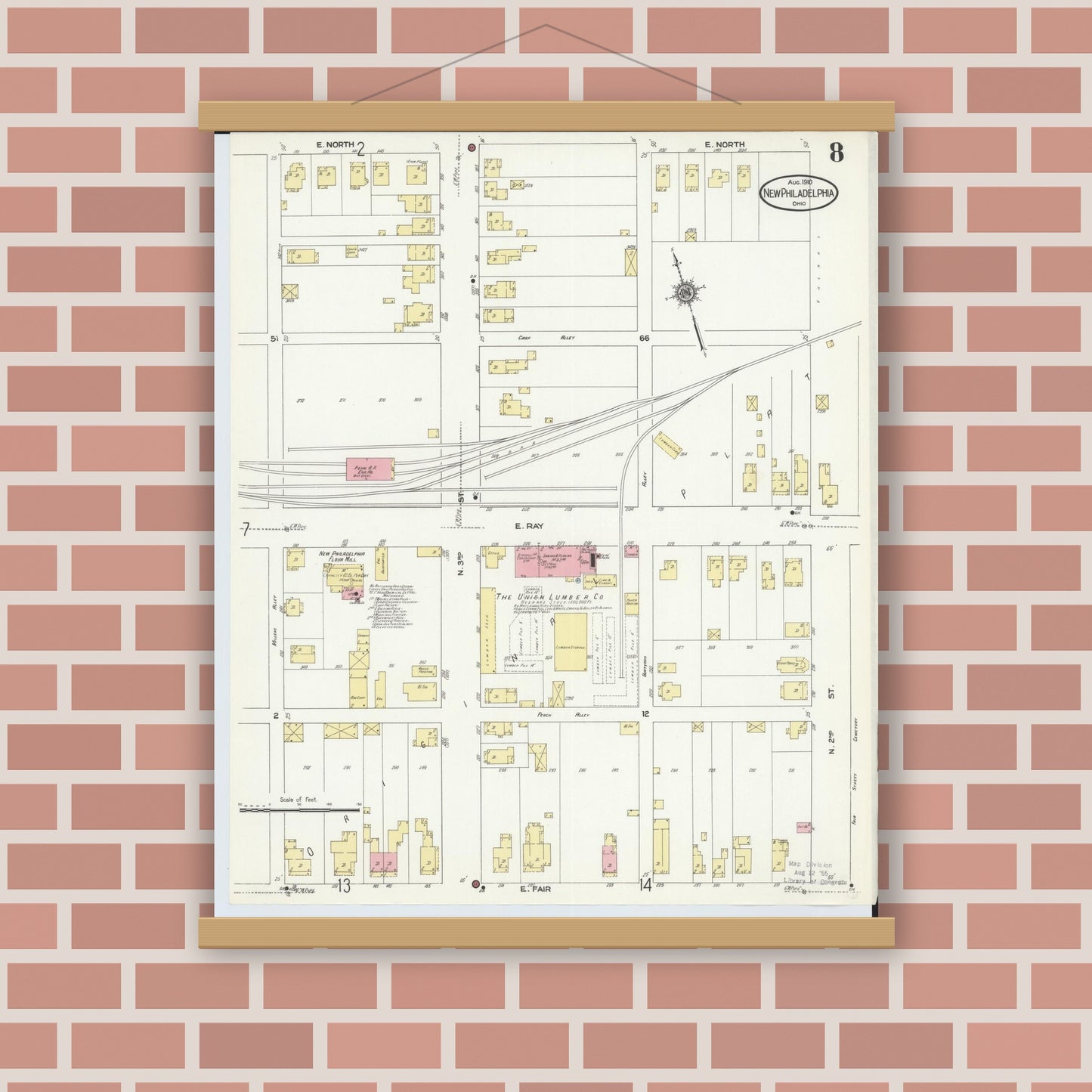 Old map wall art mockup — magnetic wood frame on brick wall — Sanborn Fire Insurance Map from New Philadelphia, Tuscarawas County, Ohio (1910), Sheet #0008
