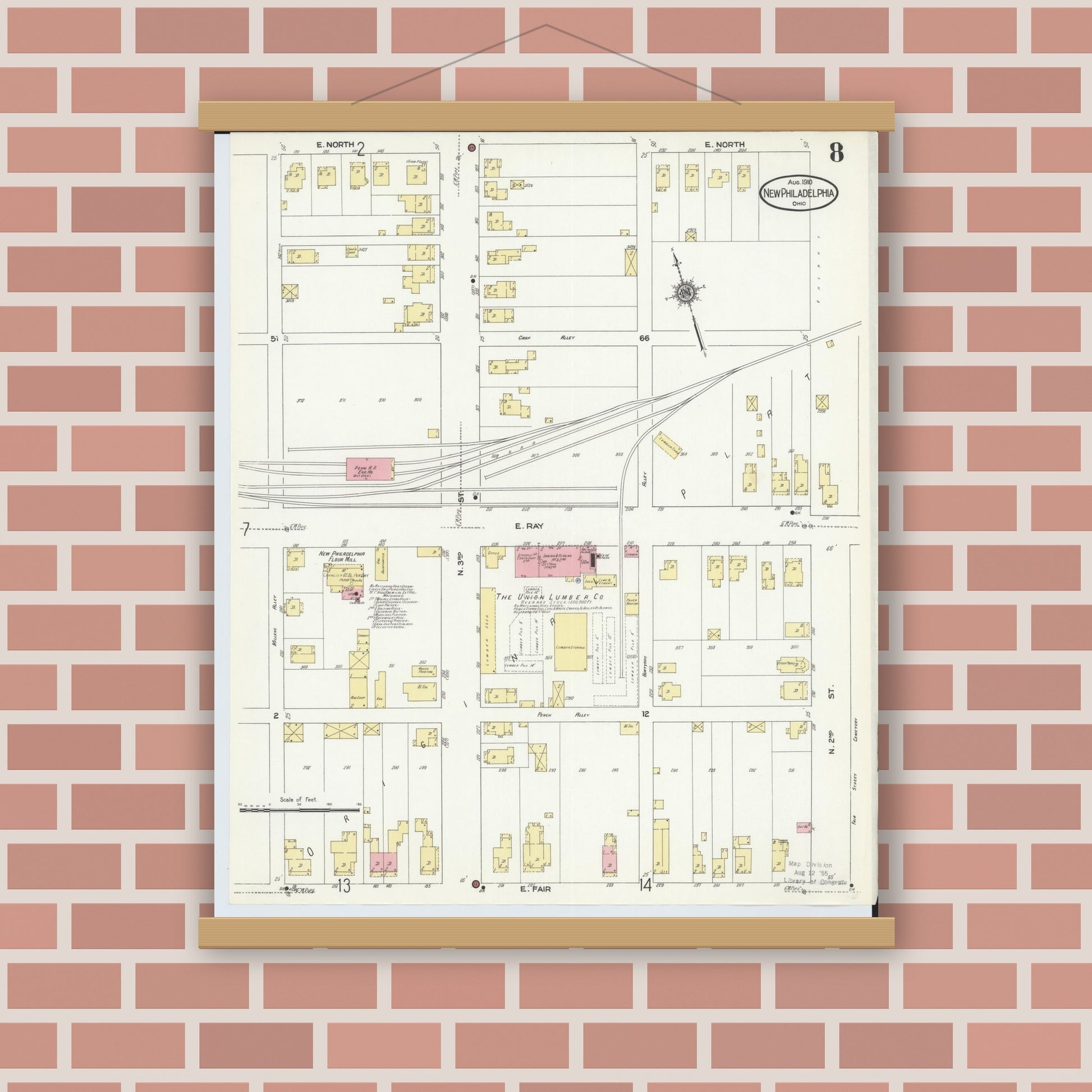 Old map wall art mockup — magnetic wood frame on brick wall — Sanborn Fire Insurance Map from New Philadelphia, Tuscarawas County, Ohio (1910), Sheet #0008