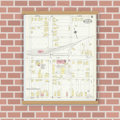 Old map wall art mockup — magnetic wood frame on brick wall — Sanborn Fire Insurance Map from New Philadelphia, Tuscarawas County, Ohio (1910), Sheet #0008