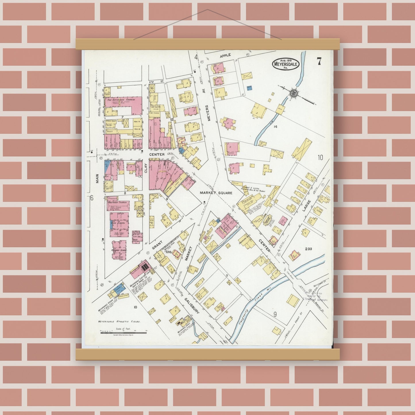 Old map wall art mockup — magnetic wood frame on brick wall — Sanborn Fire Insurance Map from Meyersdale, Somerset County, Pennsylvania (1919), Sheet #0007