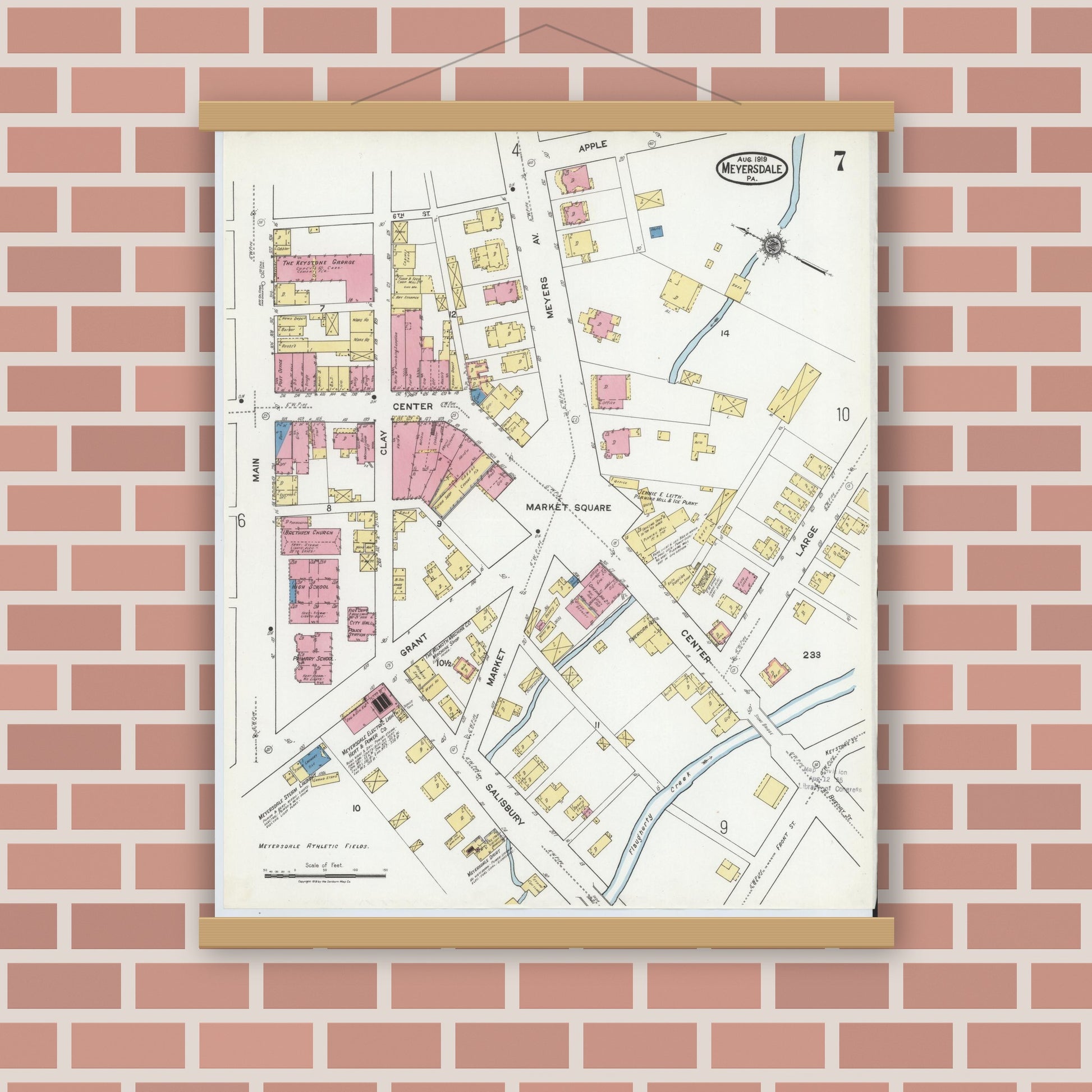 Old map wall art mockup — magnetic wood frame on brick wall — Sanborn Fire Insurance Map from Meyersdale, Somerset County, Pennsylvania (1919), Sheet #0007