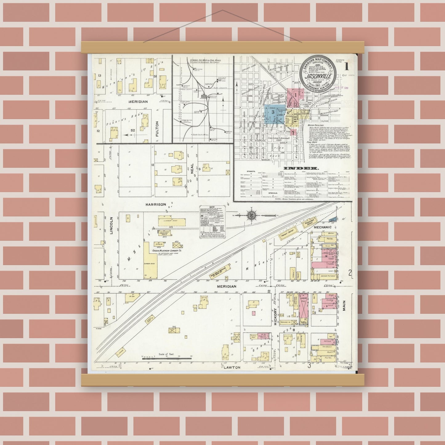 Old map wall art mockup — magnetic wood frame on brick wall — Sanborn Fire Insurance Map from Jasonville, Greene County, Indiana (1910), Sheet #0001