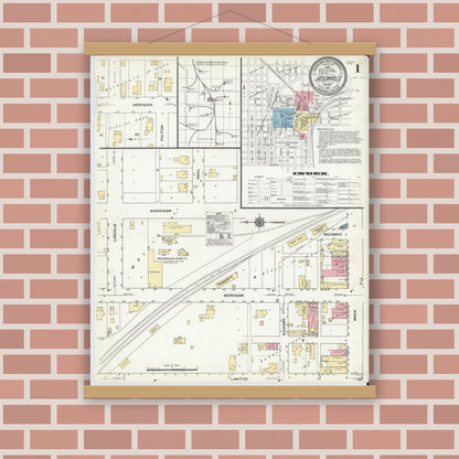 Old map wall art mockup — magnetic wood frame on brick wall — Sanborn Fire Insurance Map from Jasonville, Greene County, Indiana (1910), Sheet #0001