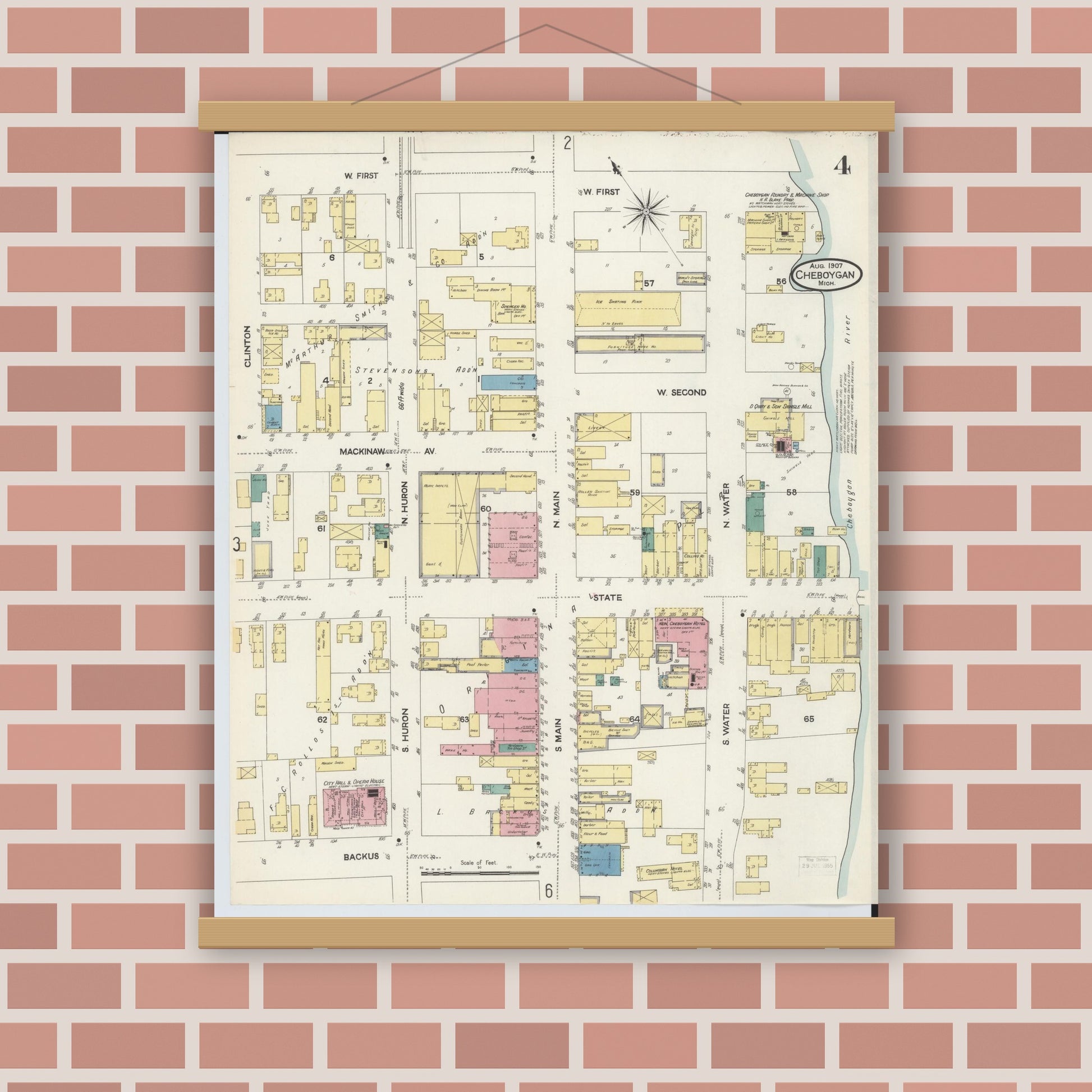 Old map wall art mockup — magnetic wood frame on brick wall — Sanborn Fire Insurance Map from Cheboygan, Cheboygan County, Michigan (1907), Sheet #0004