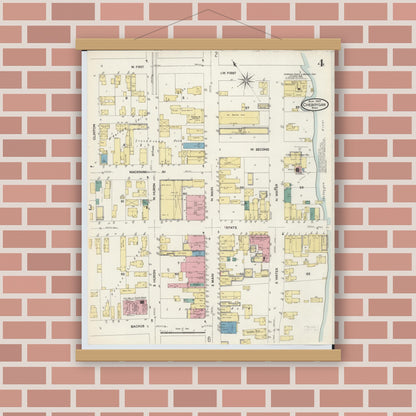 Old map wall art mockup — magnetic wood frame on brick wall — Sanborn Fire Insurance Map from Cheboygan, Cheboygan County, Michigan (1907), Sheet #0004
