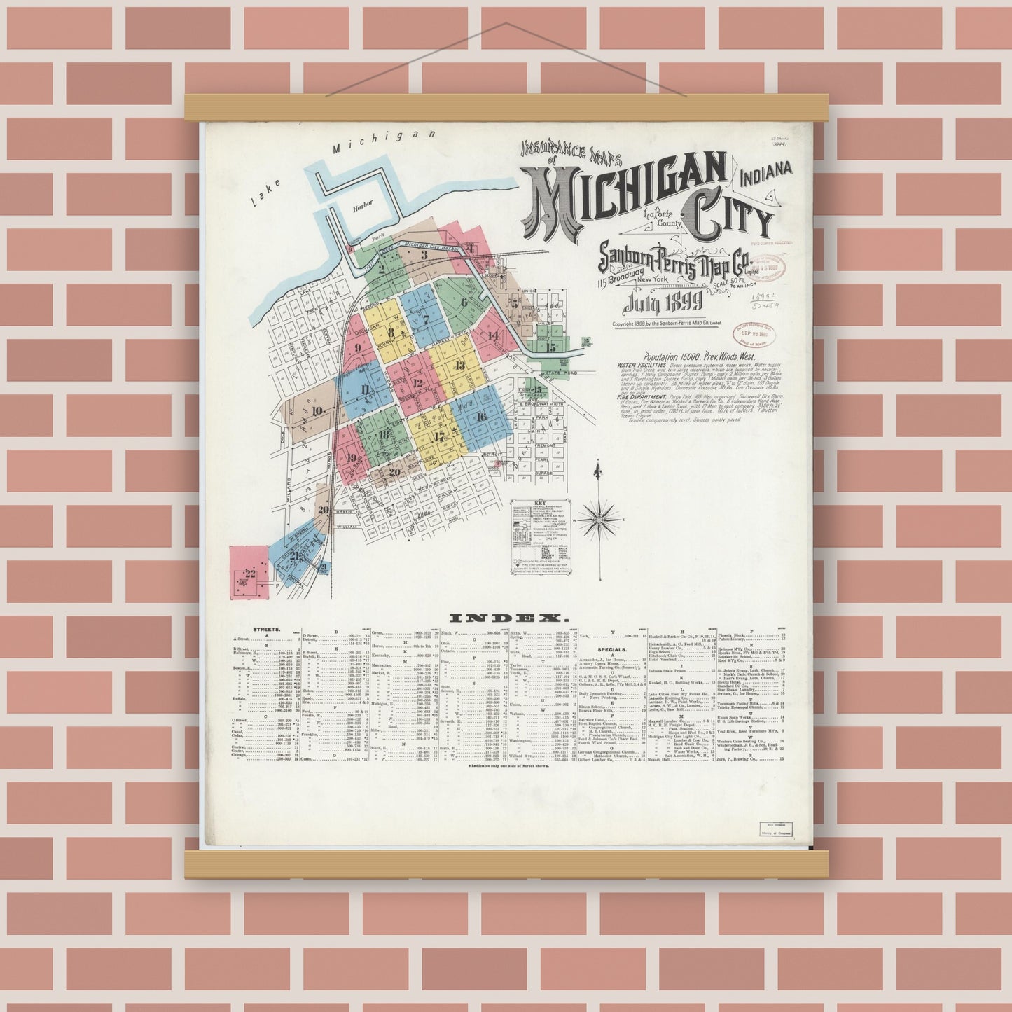 Old map wall art mockup — magnetic wood frame on brick wall — Sanborn Fire Insurance Map from Michigan City, La Porte County, Indiana (1899) - Complete Map Set