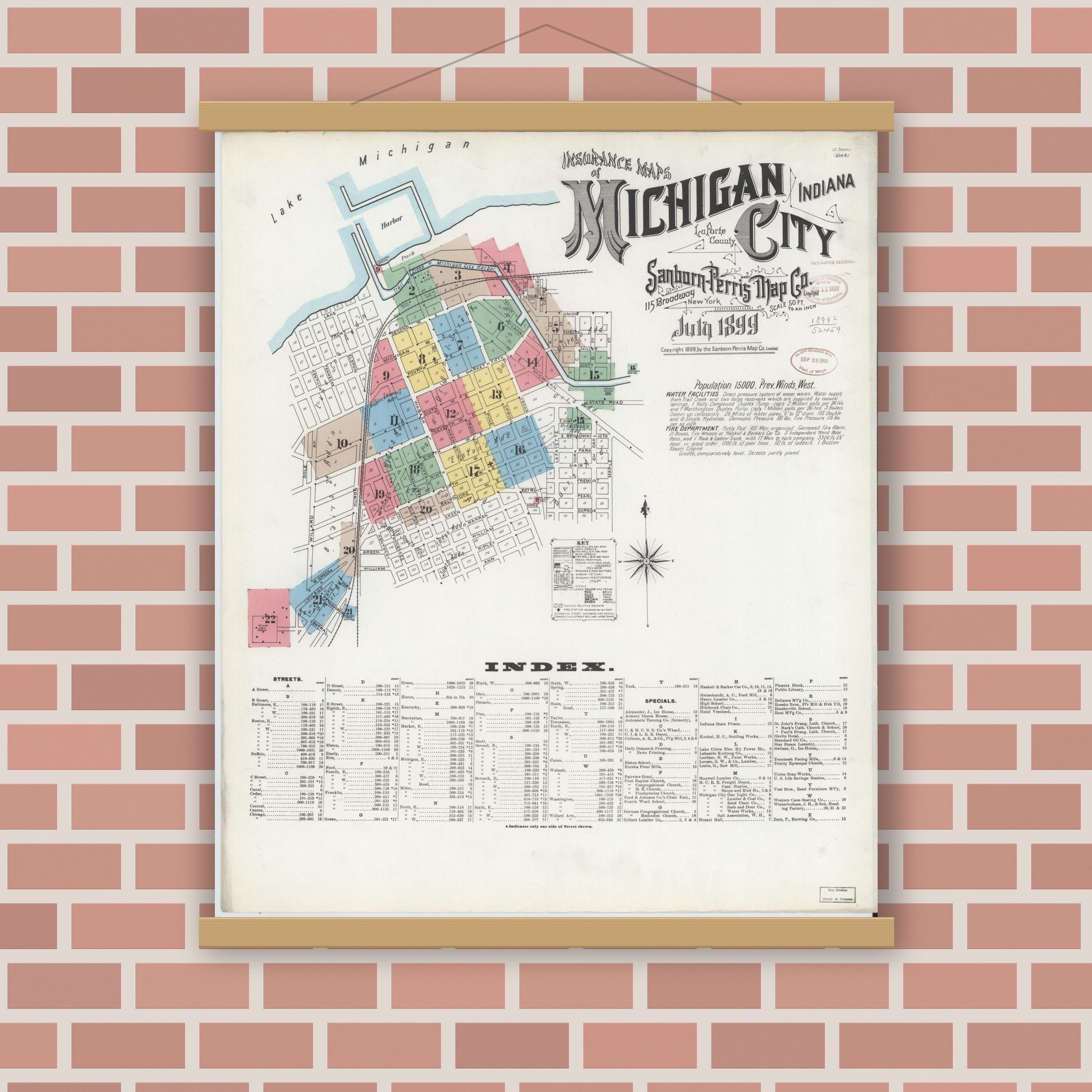 Old map wall art mockup — magnetic wood frame on brick wall — Sanborn Fire Insurance Map from Michigan City, La Porte County, Indiana (1899) - Complete Map Set