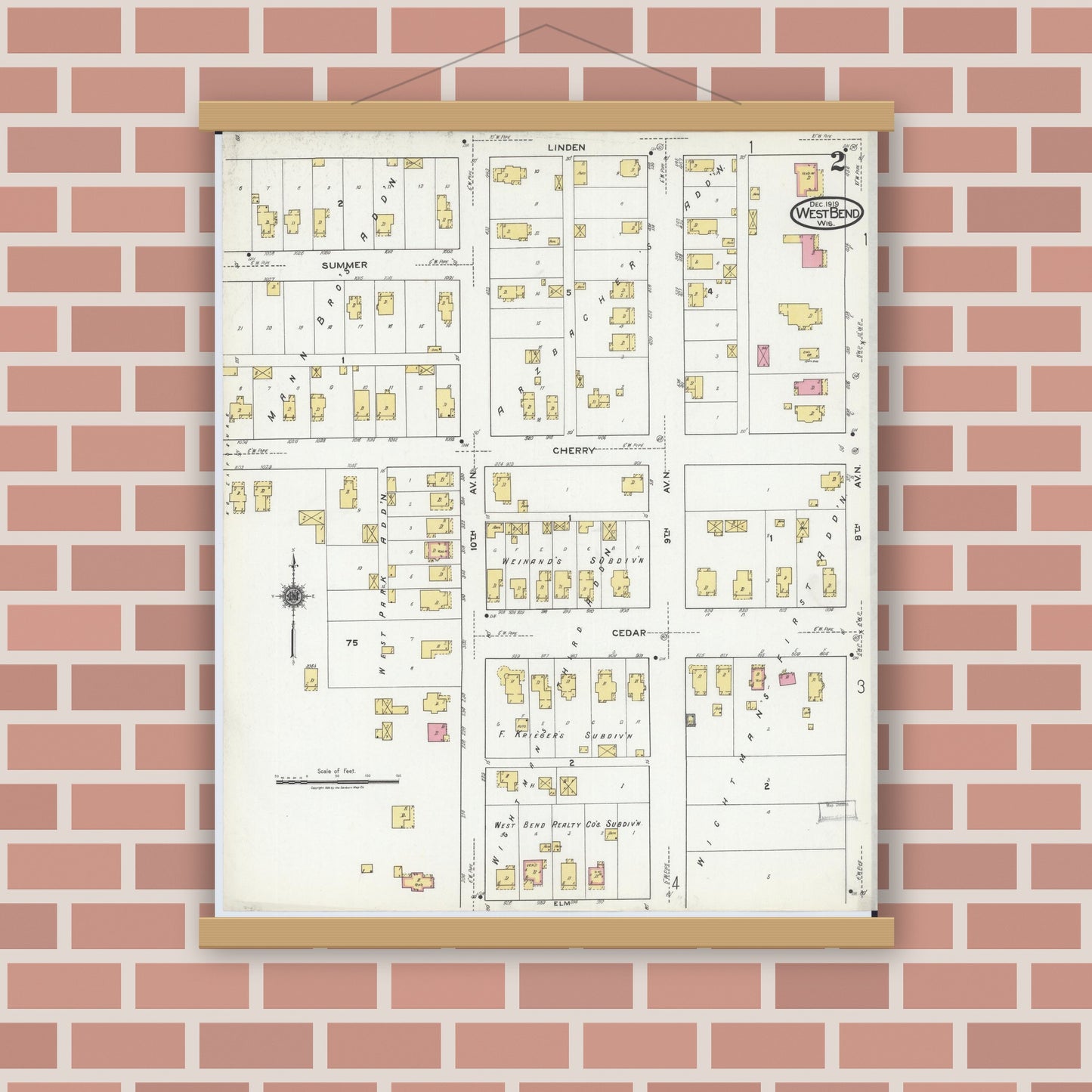 Old map wall art mockup — magnetic wood frame on brick wall — Sanborn Fire Insurance Map from West Bend, Washington County, Wisconsin (1919), Sheet #0002