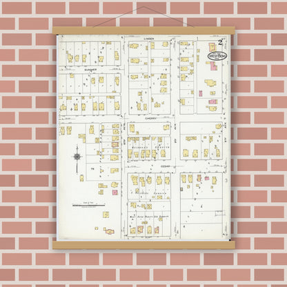 Old map wall art mockup — magnetic wood frame on brick wall — Sanborn Fire Insurance Map from West Bend, Washington County, Wisconsin (1919), Sheet #0002