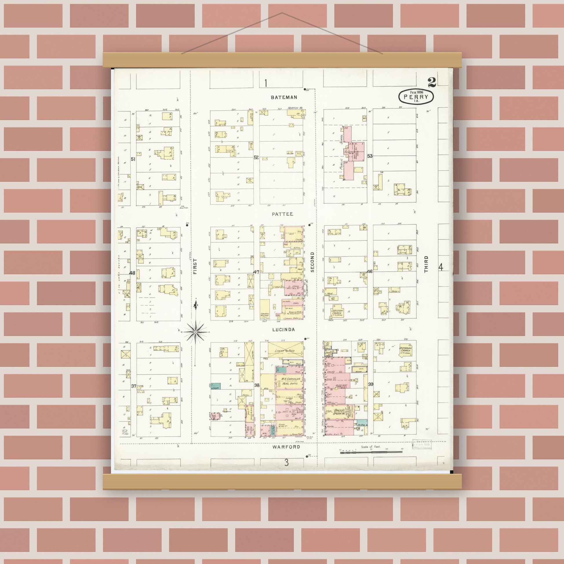 Old map wall art mockup — magnetic wood frame on brick wall — Sanborn Fire Insurance Map from Perry, Dallas County, Iowa (1896), Sheet #0002
