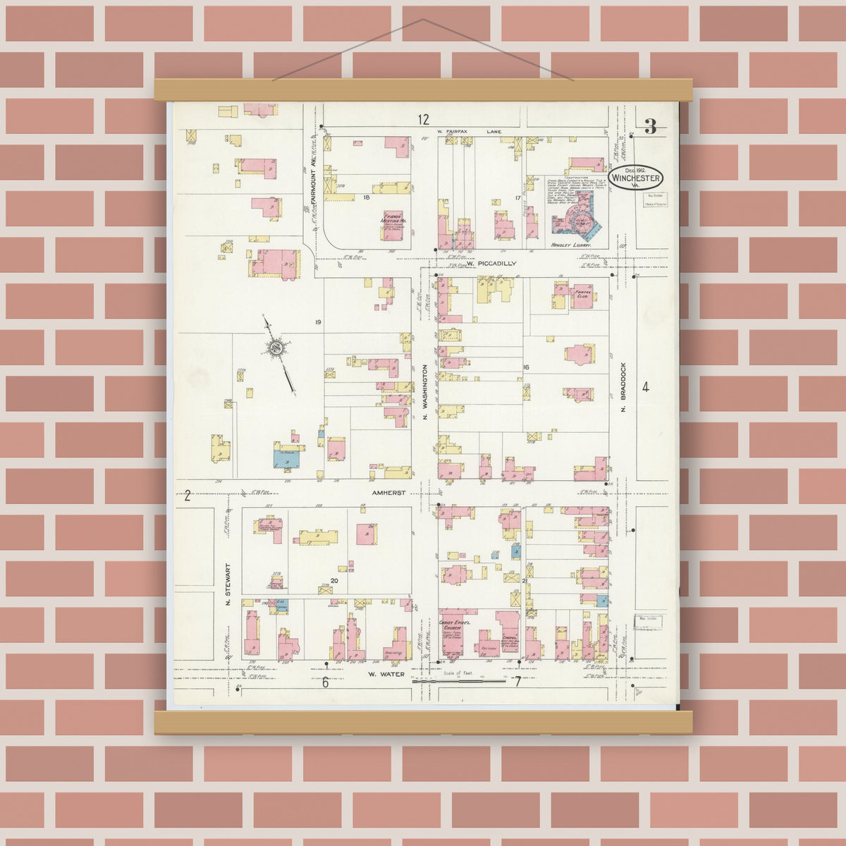 Old map wall art mockup — magnetic wood frame on brick wall — Sanborn Fire Insurance Map from Winchester, Independent Cities, Virginia (1912), Sheet #0003