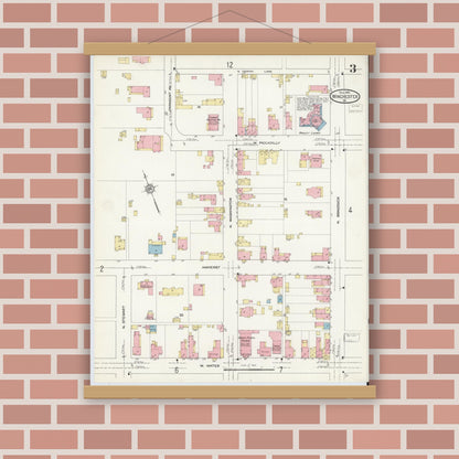 Old map wall art mockup — magnetic wood frame on brick wall — Sanborn Fire Insurance Map from Winchester, Independent Cities, Virginia (1912), Sheet #0003
