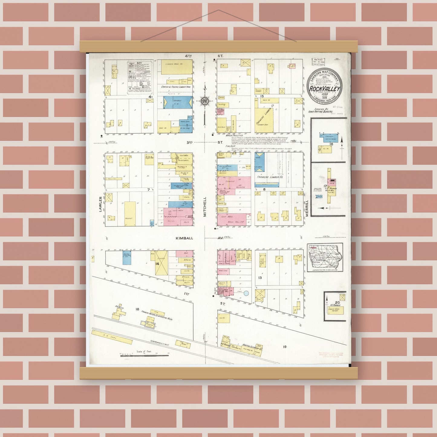 Old map wall art mockup — magnetic wood frame on brick wall — Sanborn Fire Insurance Map from Rock Valley, Sioux County, Iowa (1916), Sheet #0001