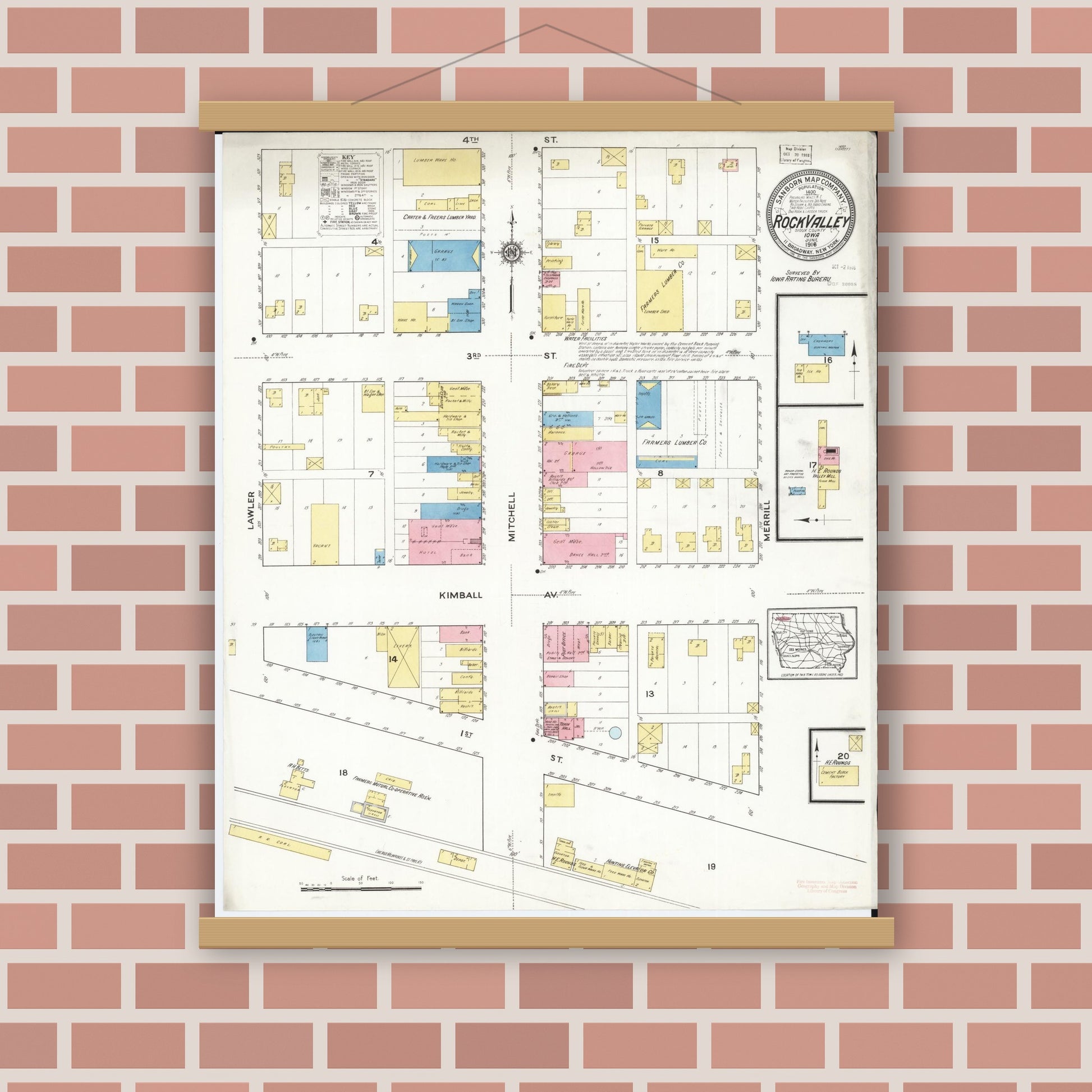 Old map wall art mockup — magnetic wood frame on brick wall — Sanborn Fire Insurance Map from Rock Valley, Sioux County, Iowa (1916), Sheet #0001