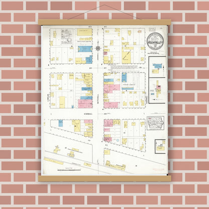 Old map wall art mockup — magnetic wood frame on brick wall — Sanborn Fire Insurance Map from Rock Valley, Sioux County, Iowa (1916), Sheet #0001