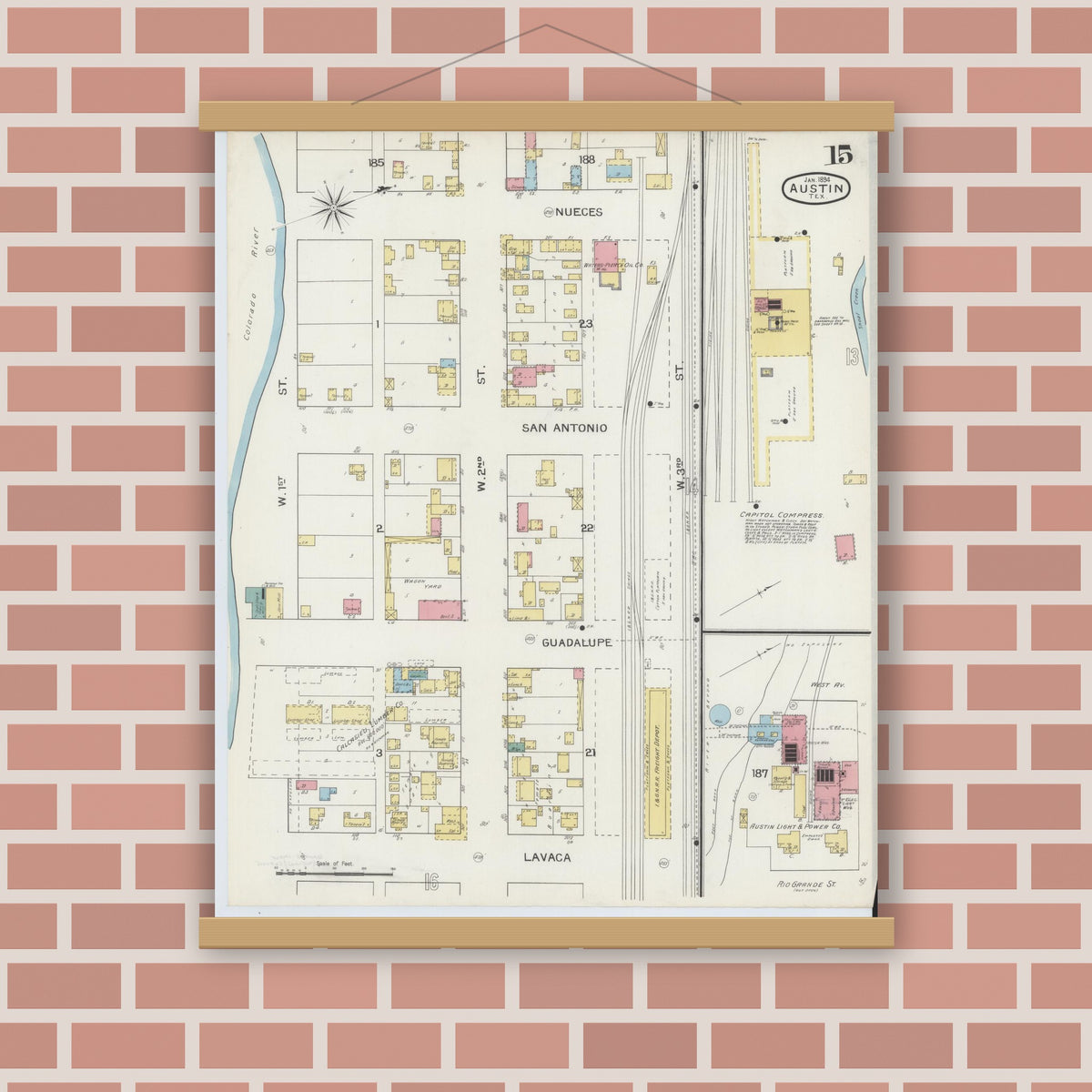 Old map wall art mockup — magnetic wood frame on brick wall — Sanborn Fire Insurance Map from Austin, Travis County, Texas (1894), Sheet #0015