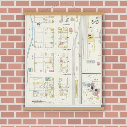 Old map wall art mockup — magnetic wood frame on brick wall — Sanborn Fire Insurance Map from Austin, Travis County, Texas (1894), Sheet #0015