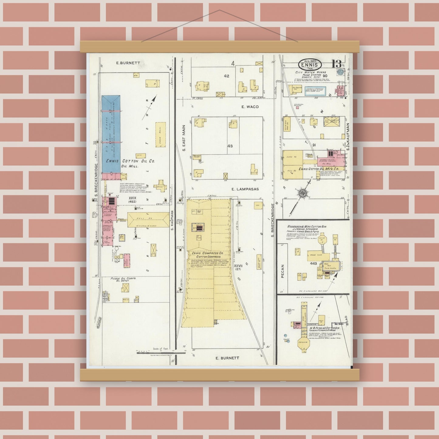 Old map wall art mockup — magnetic wood frame on brick wall — Sanborn Fire Insurance Map from Ennis, Ellis County, Texas (1920), Sheet #0013